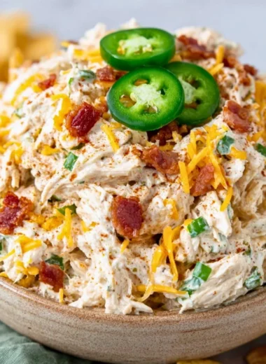 Jalapeño Popper Keto Chicken Salad garnished with fresh jalapeños and herbs.