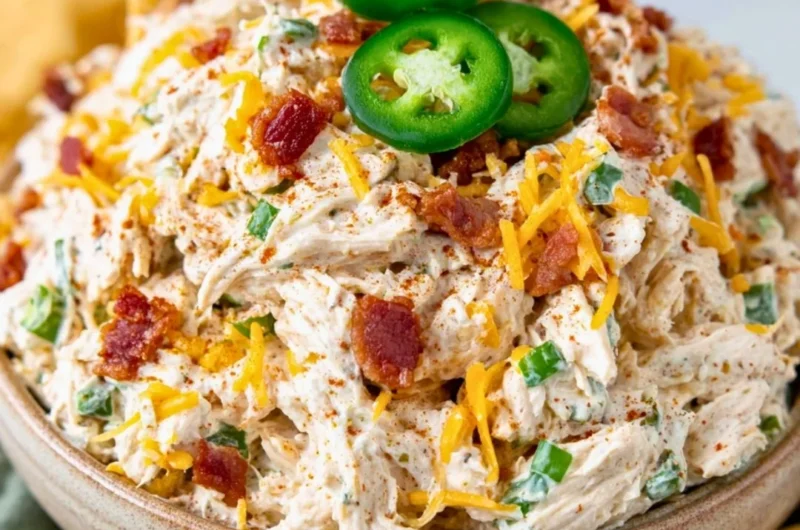 Jalapeño Popper Keto Chicken Salad garnished with fresh jalapeños and herbs.
