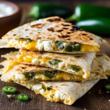 Jalapeño popper quesadillas with melted cheese and jalapeños on a plate
