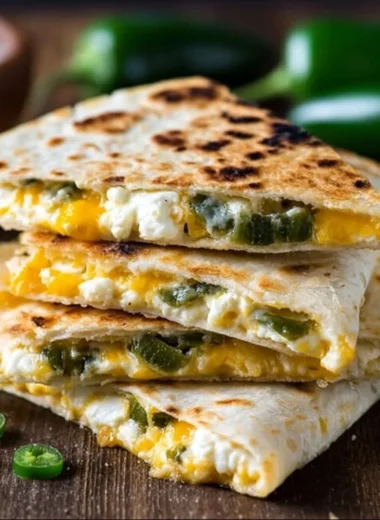 Jalapeño popper quesadillas with melted cheese and jalapeños on a plate