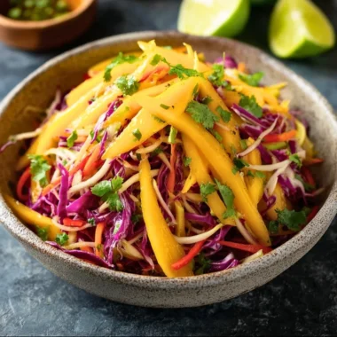 Colorful mango slaw with fresh vegetables in a bowl