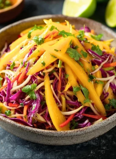 Colorful mango slaw with fresh vegetables in a bowl