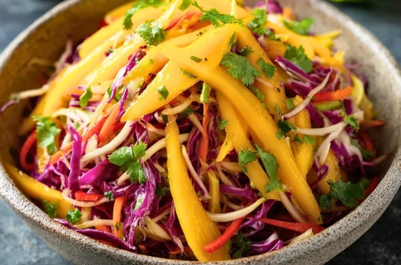 Colorful mango slaw with fresh vegetables in a bowl