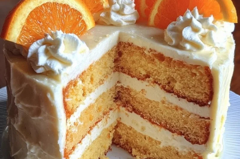 Delicious Orange Creamsicle Cake topped with orange frosting and cream zest