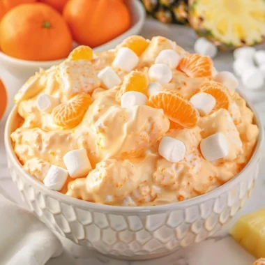 A bowl of light and fluffy Orange Fluff Salad with fresh oranges and whipped cream.