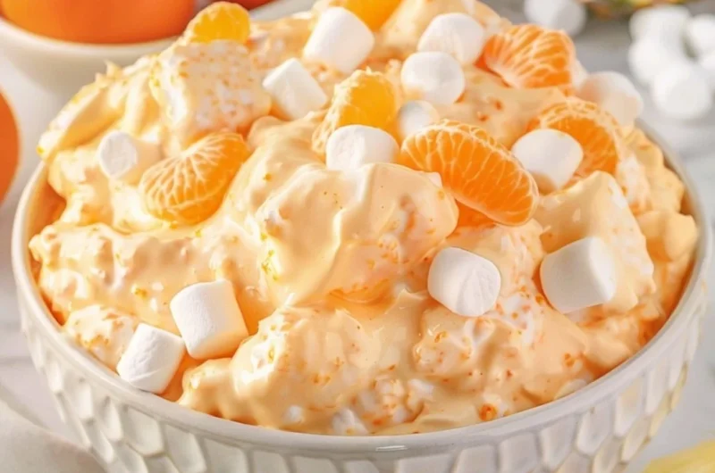 A bowl of light and fluffy Orange Fluff Salad with fresh oranges and whipped cream.