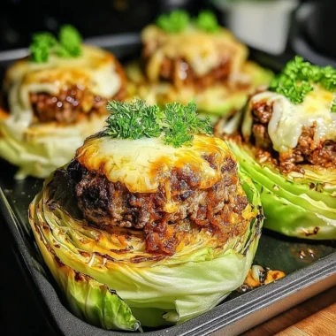 Oven-baked cabbage burgers with toppings on a wooden board