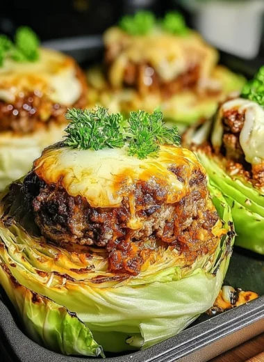 Oven-baked cabbage burgers with toppings on a wooden board