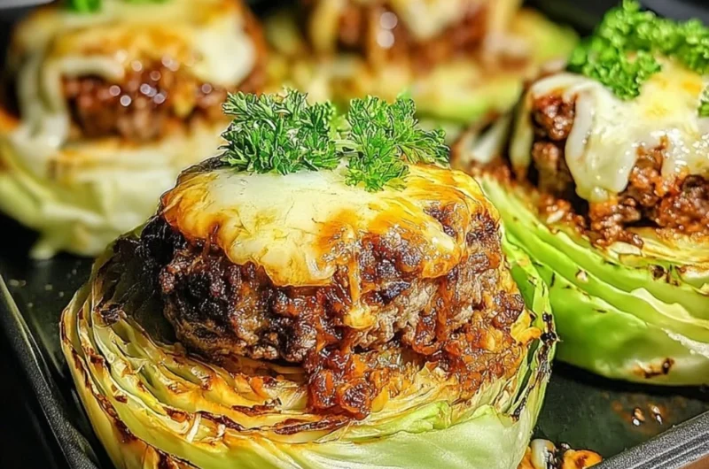 Oven-baked cabbage burgers with toppings on a wooden board