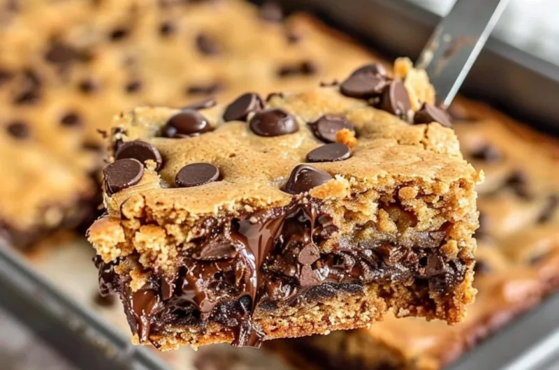 Delicious homemade Peanut Butter Chocolate Chip Bars on a plate