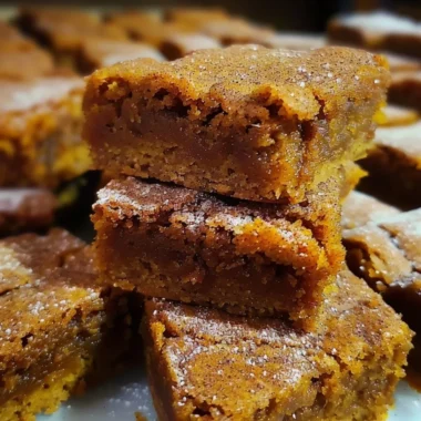 Freshly baked Pumpkin Snickerdoodle Blondies on a rustic wooden table