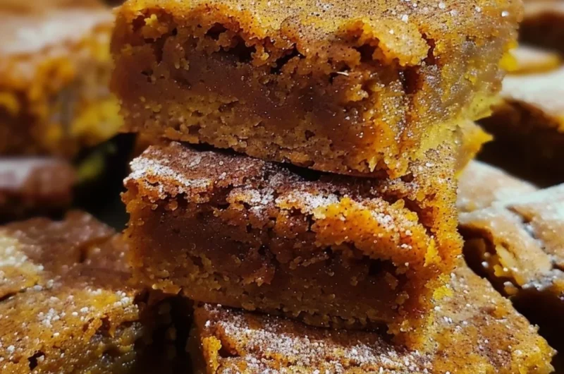 Freshly baked Pumpkin Snickerdoodle Blondies on a rustic wooden table