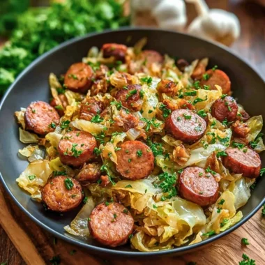 Sausage and cabbage stir fry in a skillet, ready to serve.