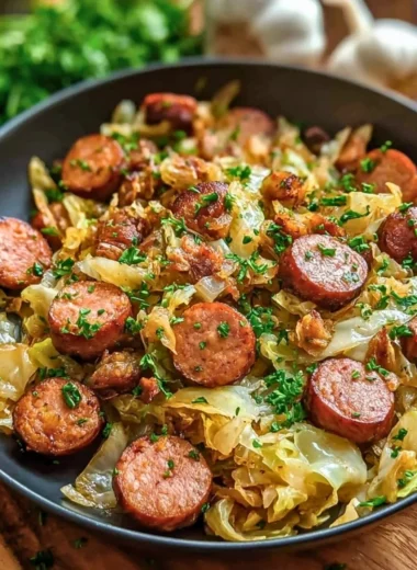 Sausage and cabbage stir fry in a skillet, ready to serve.