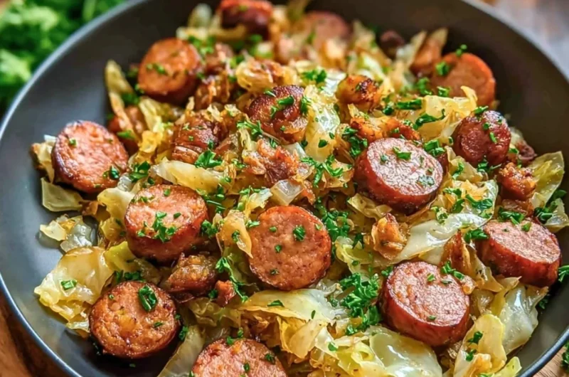 Sausage and cabbage stir fry in a skillet, ready to serve.