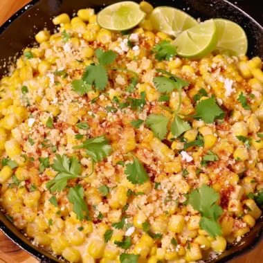 Delicious skillet Mexican street corn topped with cheese and spices.