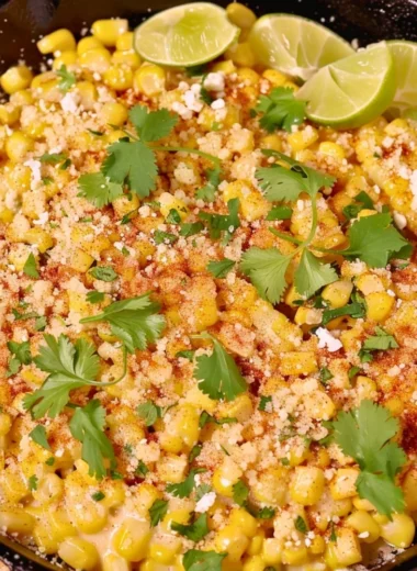 Delicious skillet Mexican street corn topped with cheese and spices.