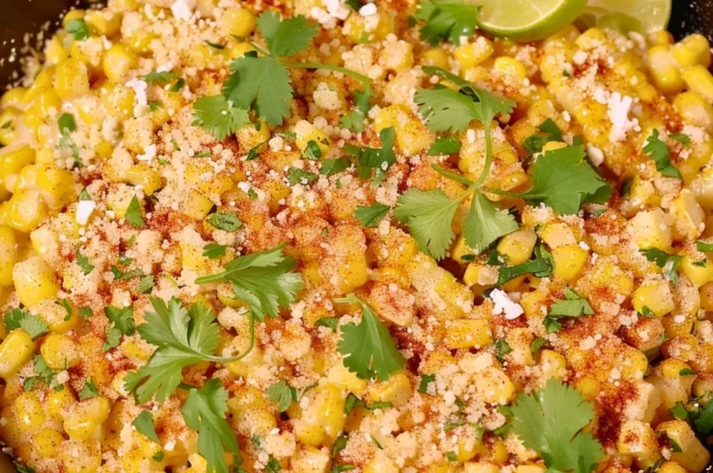 Delicious skillet Mexican street corn topped with cheese and spices.