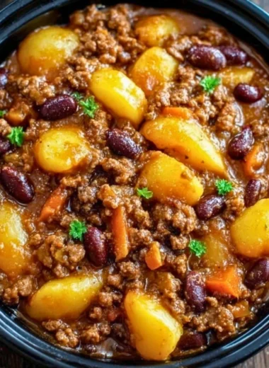 Delicious Slow Cooker Cowboy Casserole with beef, beans, and cheese in a bowl