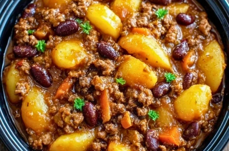 Delicious Slow Cooker Cowboy Casserole with beef, beans, and cheese in a bowl