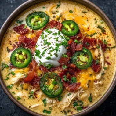 Bowl of spicy jalapeno popper chicken soup garnished with jalapenos and cheese