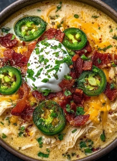 Bowl of spicy jalapeno popper chicken soup garnished with jalapenos and cheese