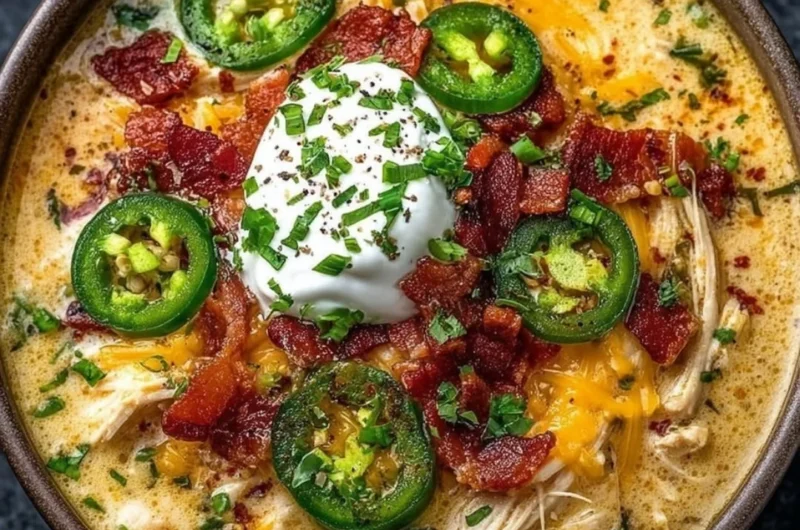 Bowl of spicy jalapeno popper chicken soup garnished with jalapenos and cheese