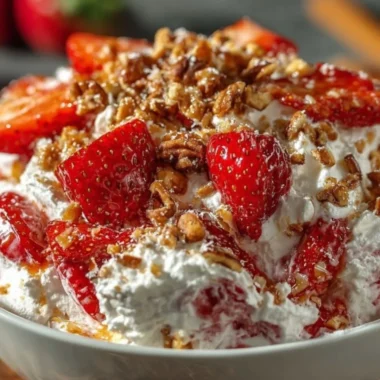 A vibrant Strawberry Crackle Salad with fresh strawberries and crispy elements.