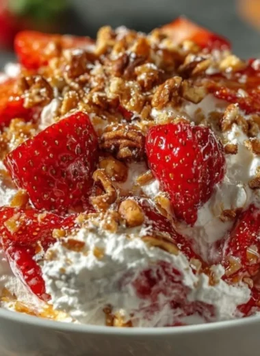 A vibrant Strawberry Crackle Salad with fresh strawberries and crispy elements.