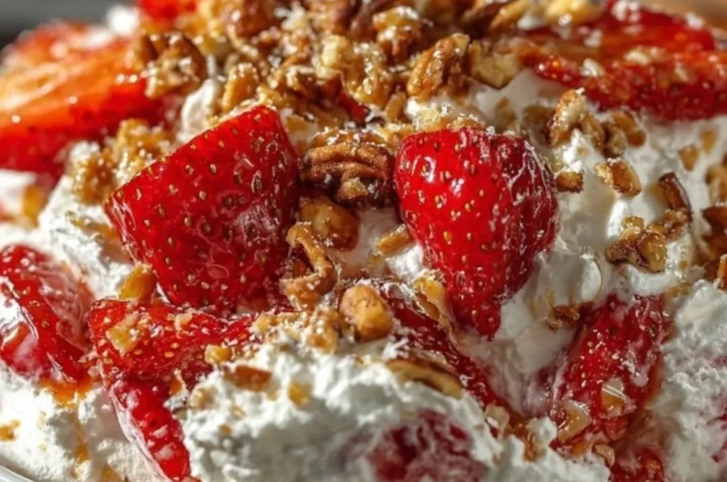 A vibrant Strawberry Crackle Salad with fresh strawberries and crispy elements.