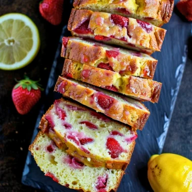 Delicious strawberry lemonade quick bread slices on a plate
