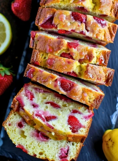 Delicious strawberry lemonade quick bread slices on a plate