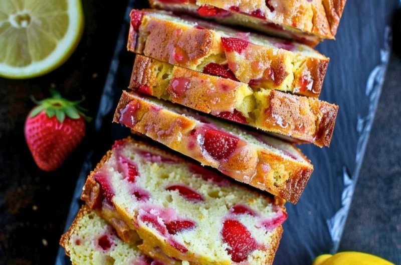 Delicious strawberry lemonade quick bread slices on a plate