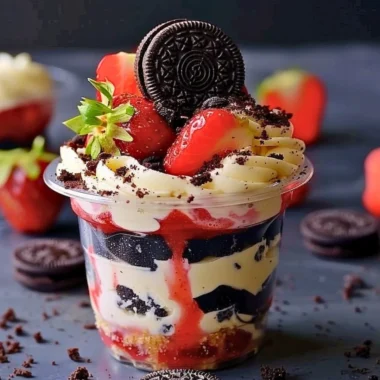 Delicious Strawberry Oreo Cup topped with fresh strawberries and Oreo crumbles.