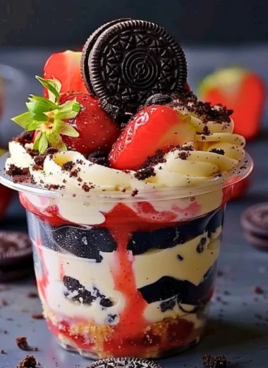 Delicious Strawberry Oreo Cup topped with fresh strawberries and Oreo crumbles.