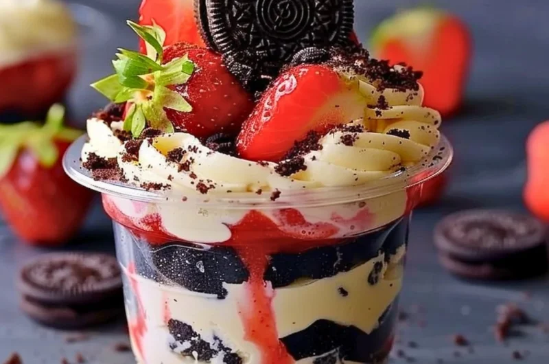 Delicious Strawberry Oreo Cup topped with fresh strawberries and Oreo crumbles.
