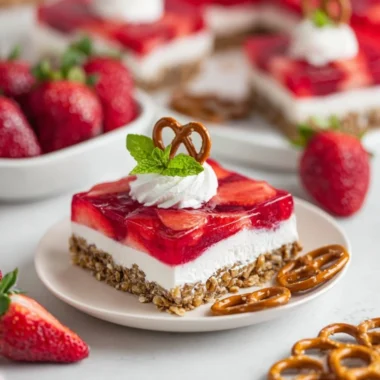 Delicious Strawberry Pretzel Salad with strawberries, cream, and pretzel crust