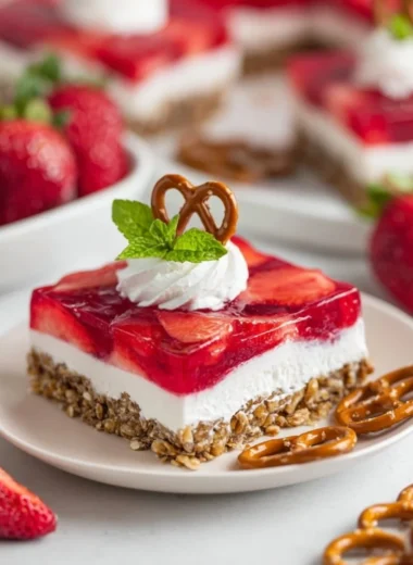 Delicious Strawberry Pretzel Salad with strawberries, cream, and pretzel crust