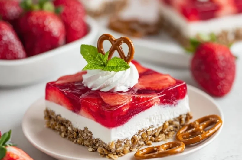 Delicious Strawberry Pretzel Salad with strawberries, cream, and pretzel crust