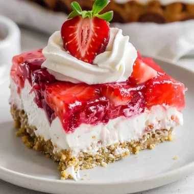 Delicious Strawberry Pretzel Salad with strawberries, pretzel crust, and creamy topping.