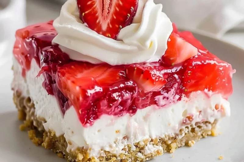 Delicious Strawberry Pretzel Salad with strawberries, pretzel crust, and creamy topping.