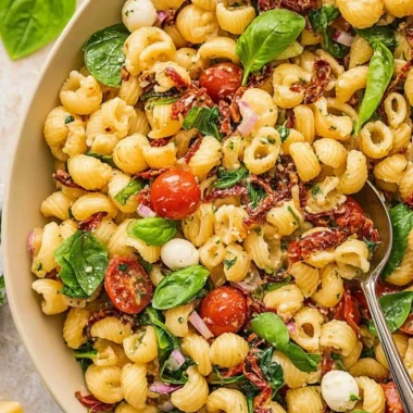 Delicious bowl of sun dried tomato pasta salad with fresh ingredients
