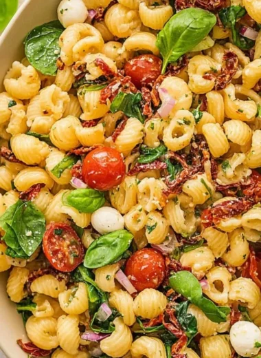 Delicious bowl of sun dried tomato pasta salad with fresh ingredients