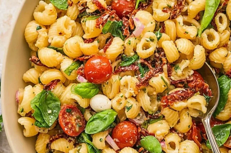 Delicious bowl of sun dried tomato pasta salad with fresh ingredients