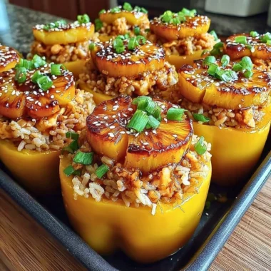Teriyaki chicken stuffed peppers with pineapple and rice on a dinner plate.
