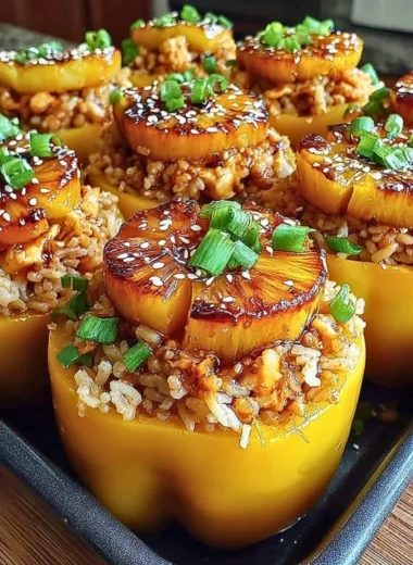 Teriyaki chicken stuffed peppers with pineapple and rice on a dinner plate.