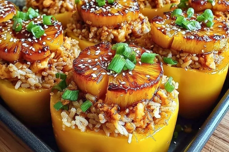 Teriyaki chicken stuffed peppers with pineapple and rice on a dinner plate.