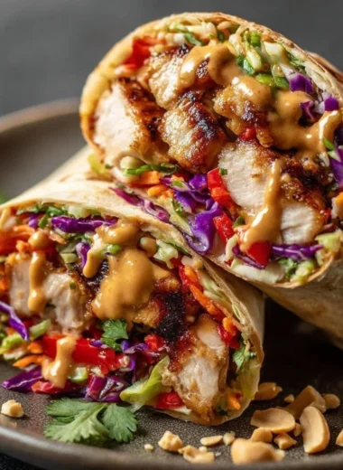 Thai Chicken Wrap with crunchy Asian slaw, ideal for a fresh and flavorful meal.