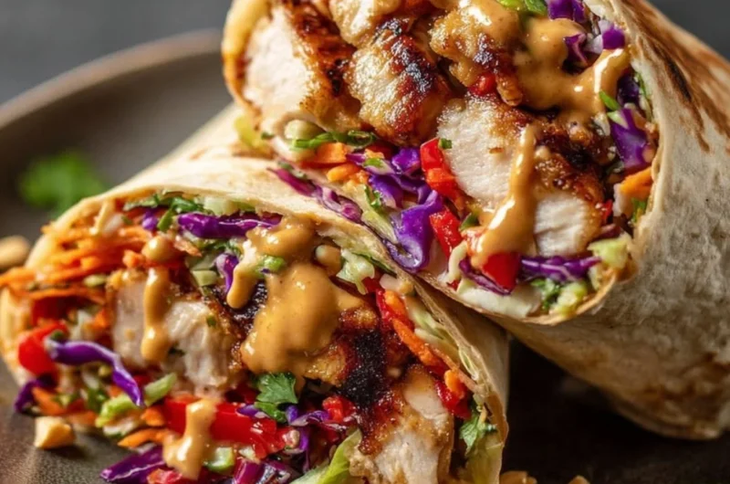 Thai Chicken Wrap with crunchy Asian slaw, ideal for a fresh and flavorful meal.