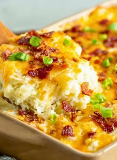 Delicious twice baked potato casserole from The Pioneer Woman topped with cheese.